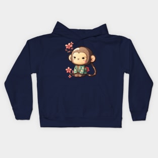 Asian monkey with spring flowers Kids Hoodie